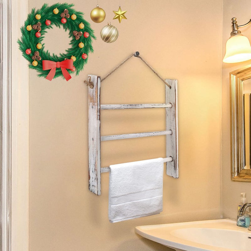 CuffUp Rustic Wood Ladder Hand Towel Rack for Bathroom, Farmhouse Blanket Ladder for Living Room Hanging Decorative Rack for Blankets Whitewashed Towel Rack with Rope (Whitewashed) - Image 2